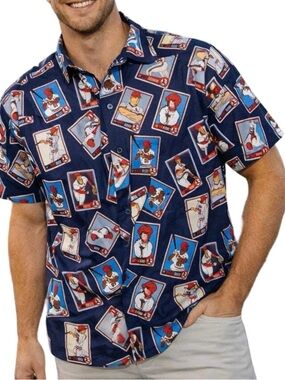 Men's Navy Baseball Card Print Short-Sleeve Shirt